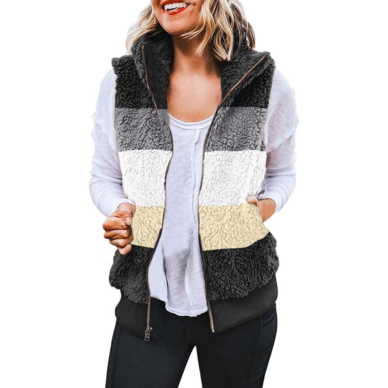 Women's Plus Size Casual Color Block Plush Sweatshirt Zipper Blouse Warm Coat Vest Tanks Zip up Jackets for Women Dry Jacket Women
